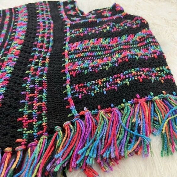 Crocheted Handmade Boho Black Rainbow Loose Knit Fringe Shawl Poncho Sweater OS - Picture 8 of 12